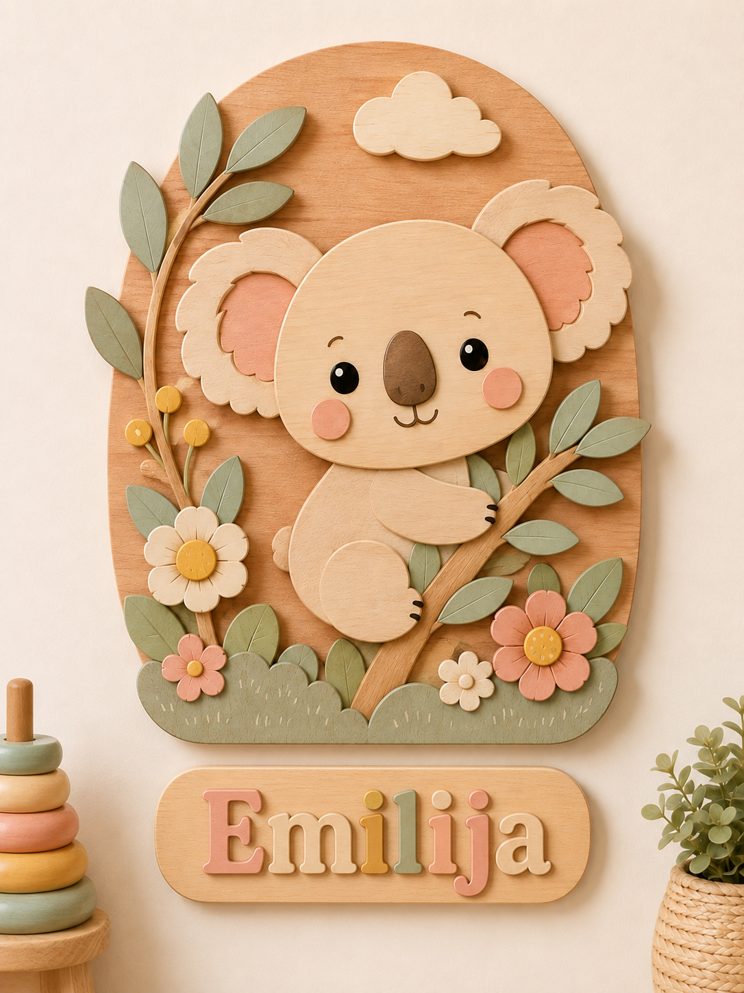 Personalizuotas Koala medinis sienų paveikslas su vaiko vardu