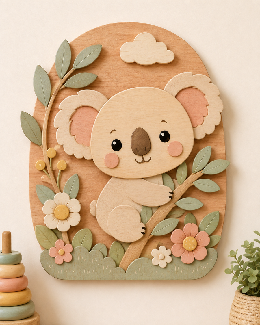 Koala – medinis sienų paveikslas vaikų kambariui